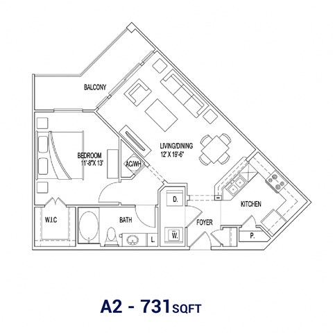Floor plan for 1 bed, 1 bath, 730 sqft